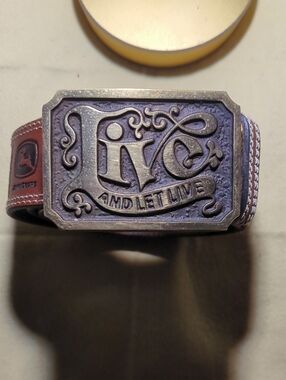 live&let live Brown Leather John Deer Belt w/VintageDecorative Metal Buckle - _